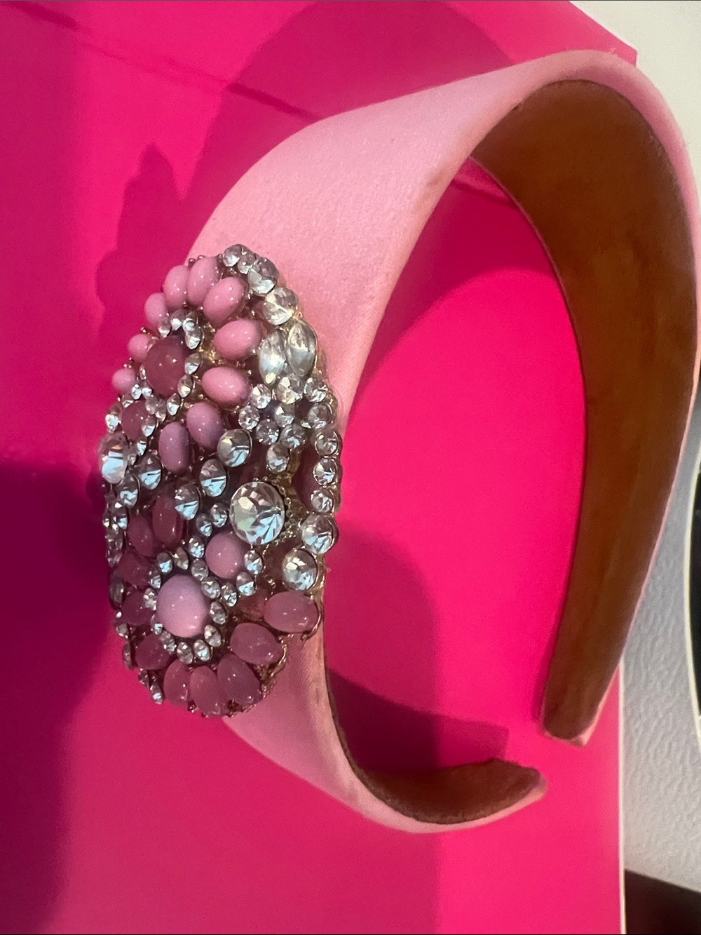 Pink Jeweled Satin Headband with Crystal Medallion